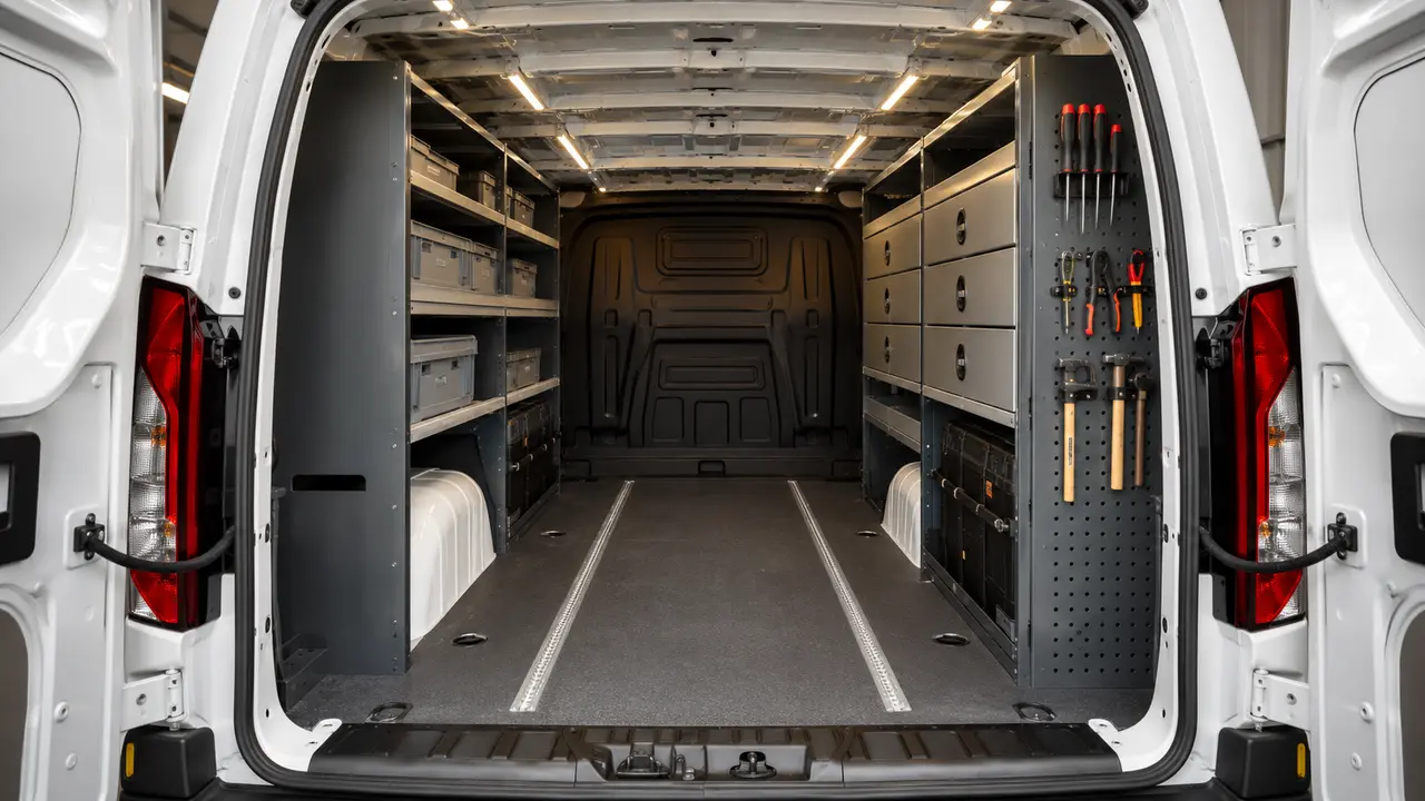 Interior de van organizado según frecuencia de uso y peso de los equipos