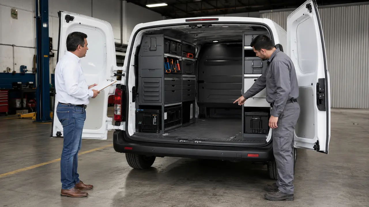 Responsable de flota y técnico validan la configuración interior de una van