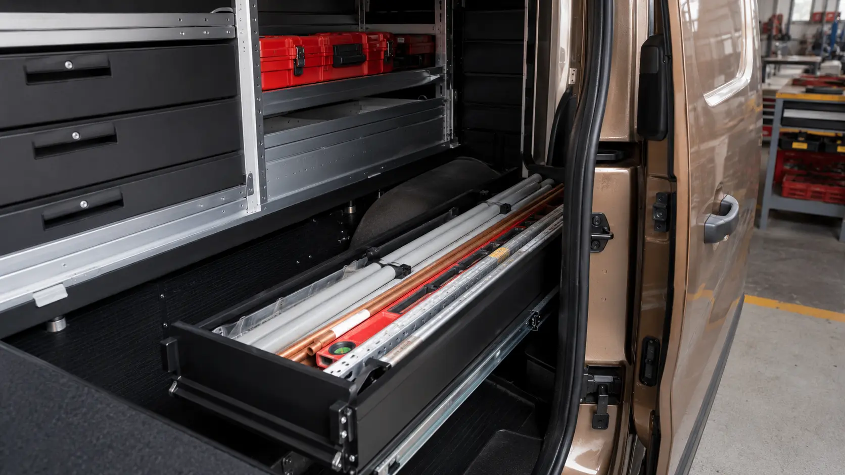 Módulo extraíble para herramientas largas dentro de una van compacta organizada