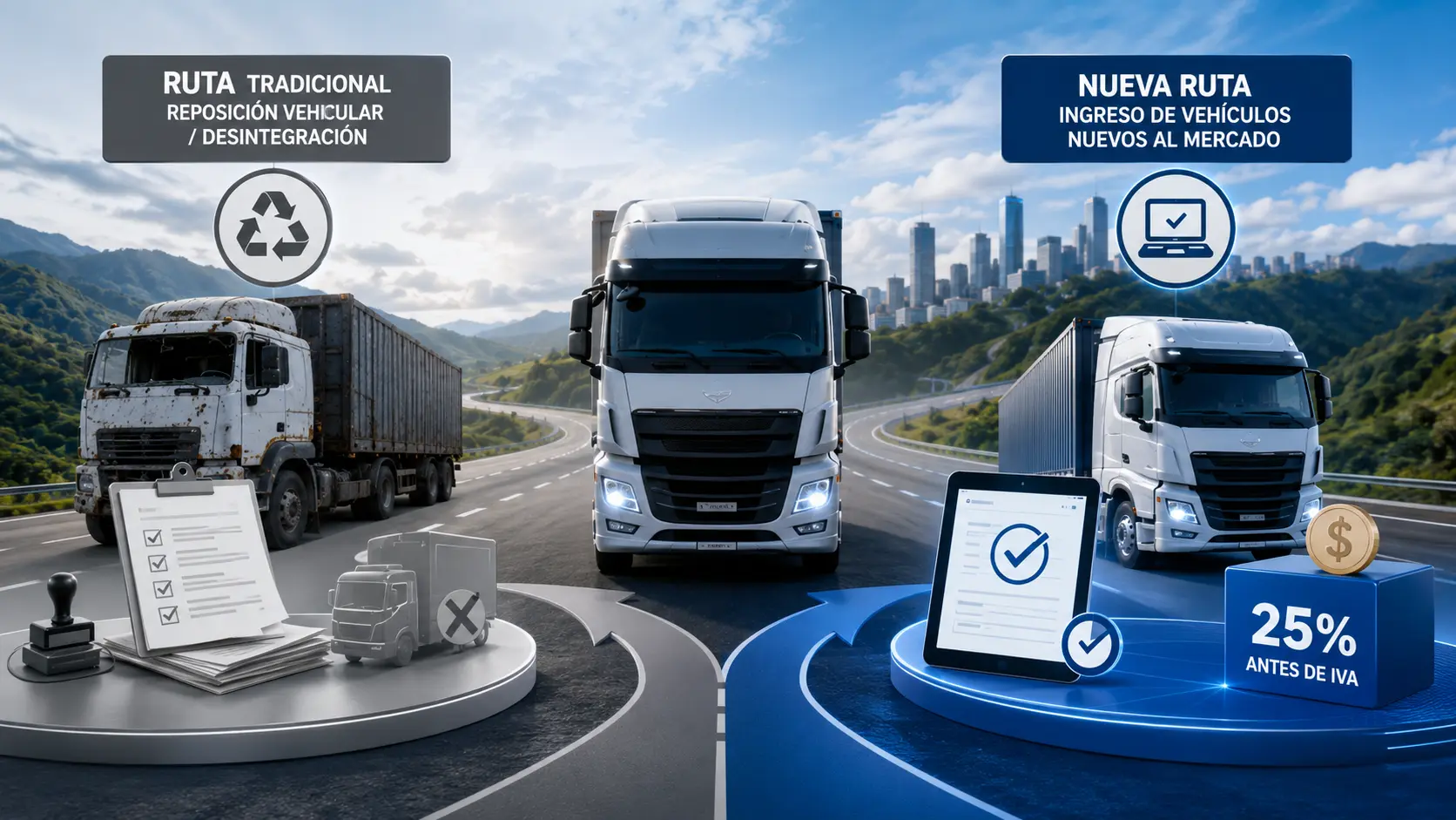 Comparacion entre reposicion vehicular tradicional y nueva ruta de ingreso de vehiculos de carga con pago del 25 por ciento antes de IVA