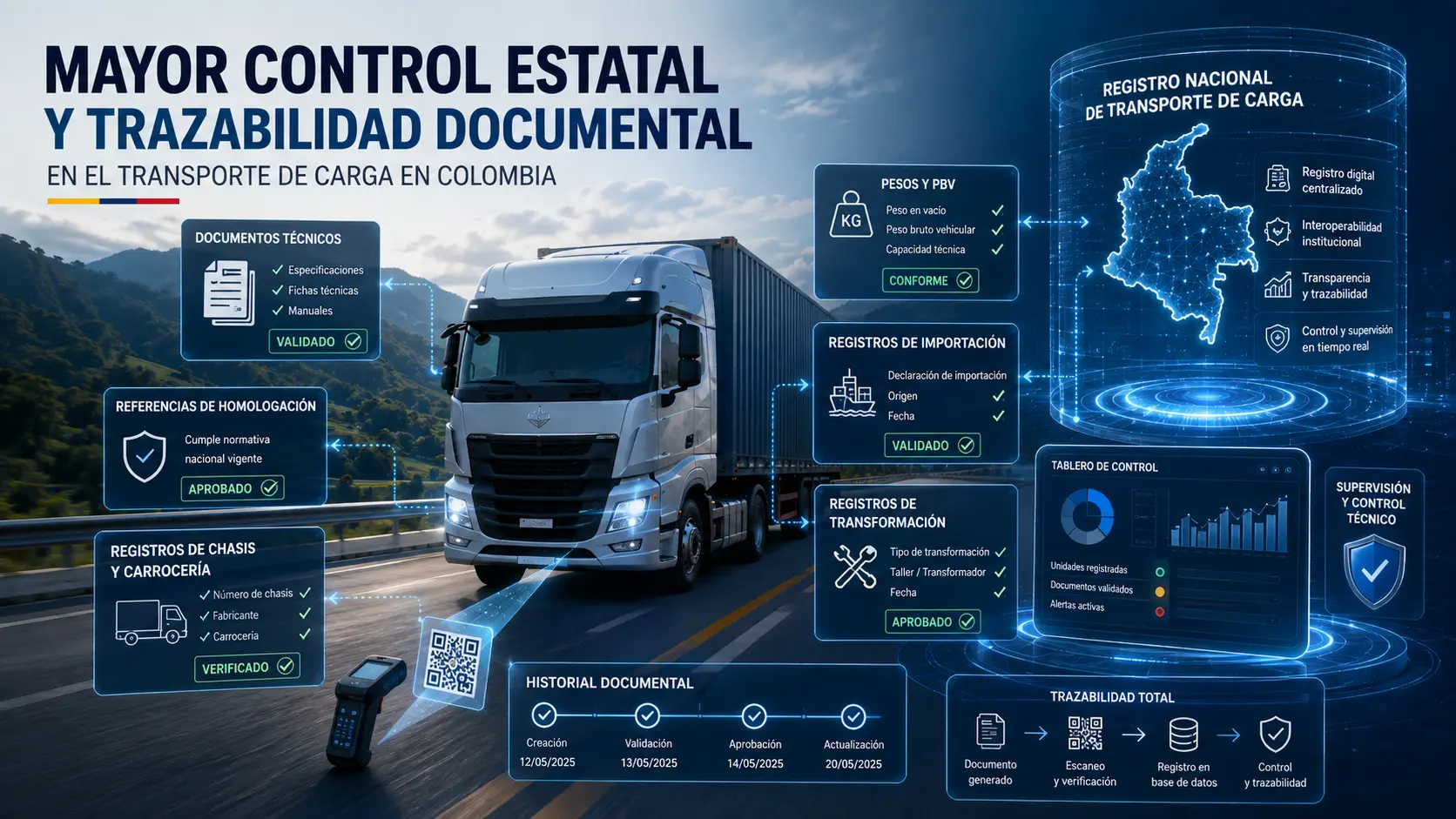 Mayor control estatal y trazabilidad documental en el RUNT para vehiculos de carga, homologaciones, PBV, carrocerias y registros tecnicos