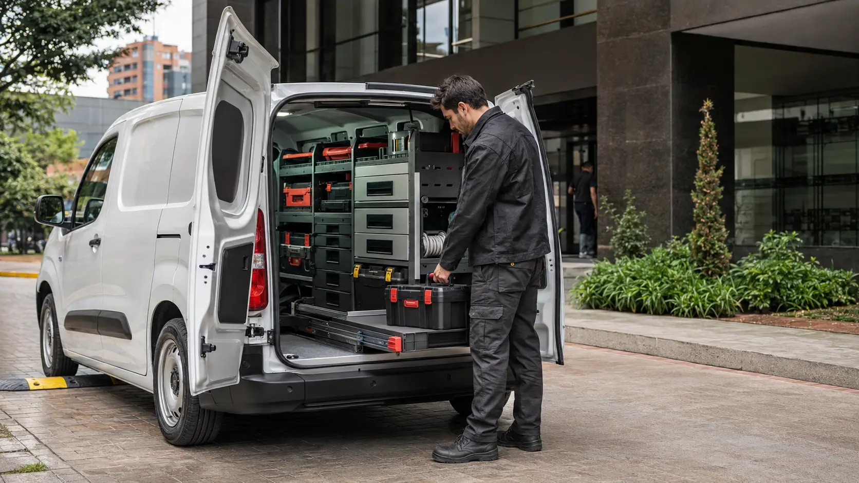 Técnico utilizando una van compacta convertida en taller móvil organizado