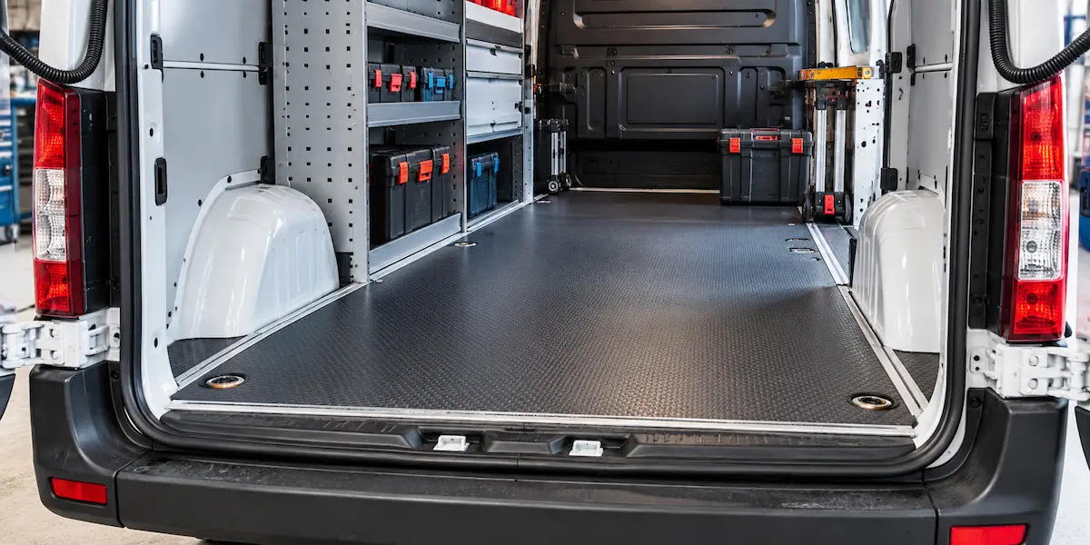 Sobrepiso protector instalado en una van de trabajo equipada con mobiliario y herramientas