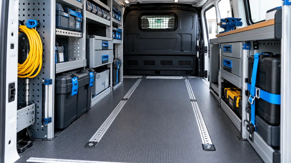 Sobrepiso instalado en una van de trabajo con mobiliario modular y puntos de amarre integrados